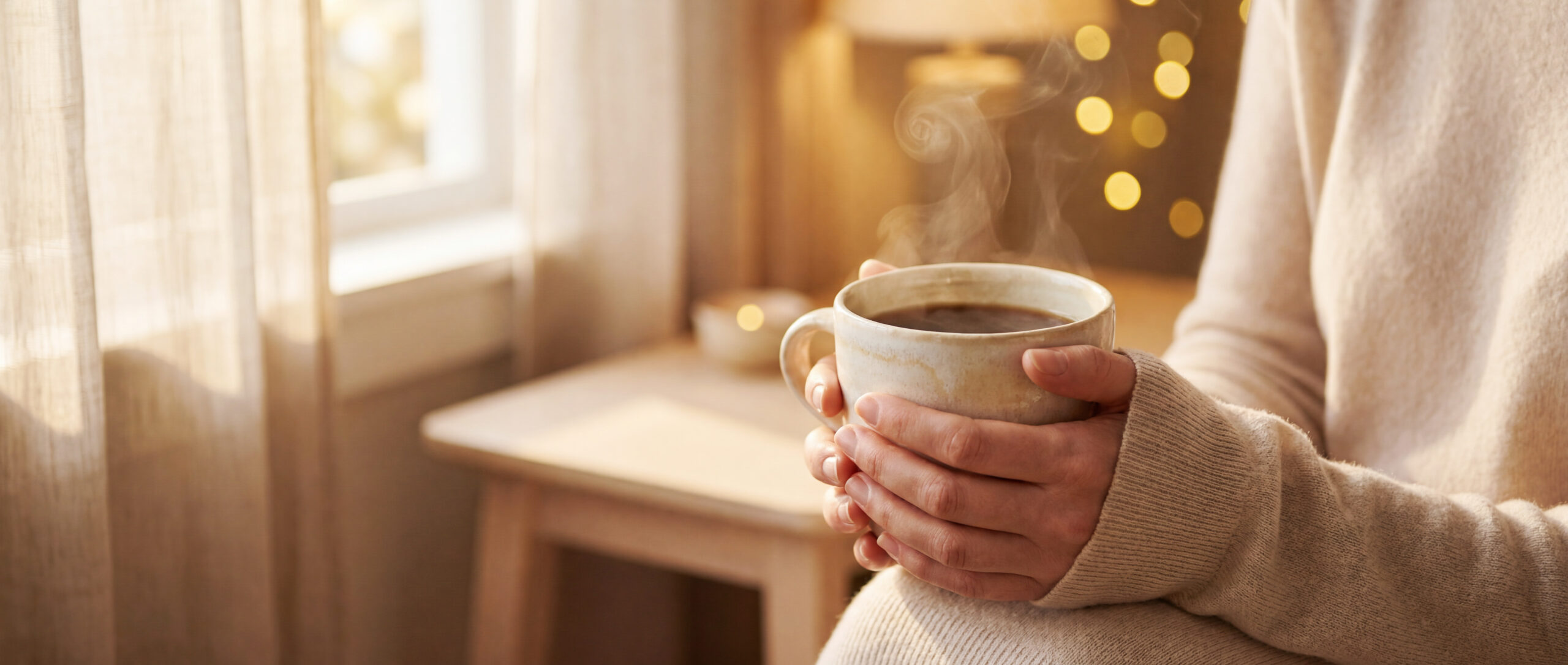 cozy morning hands cradling a steaming coffee mug by a sunlit window in a warm sweater