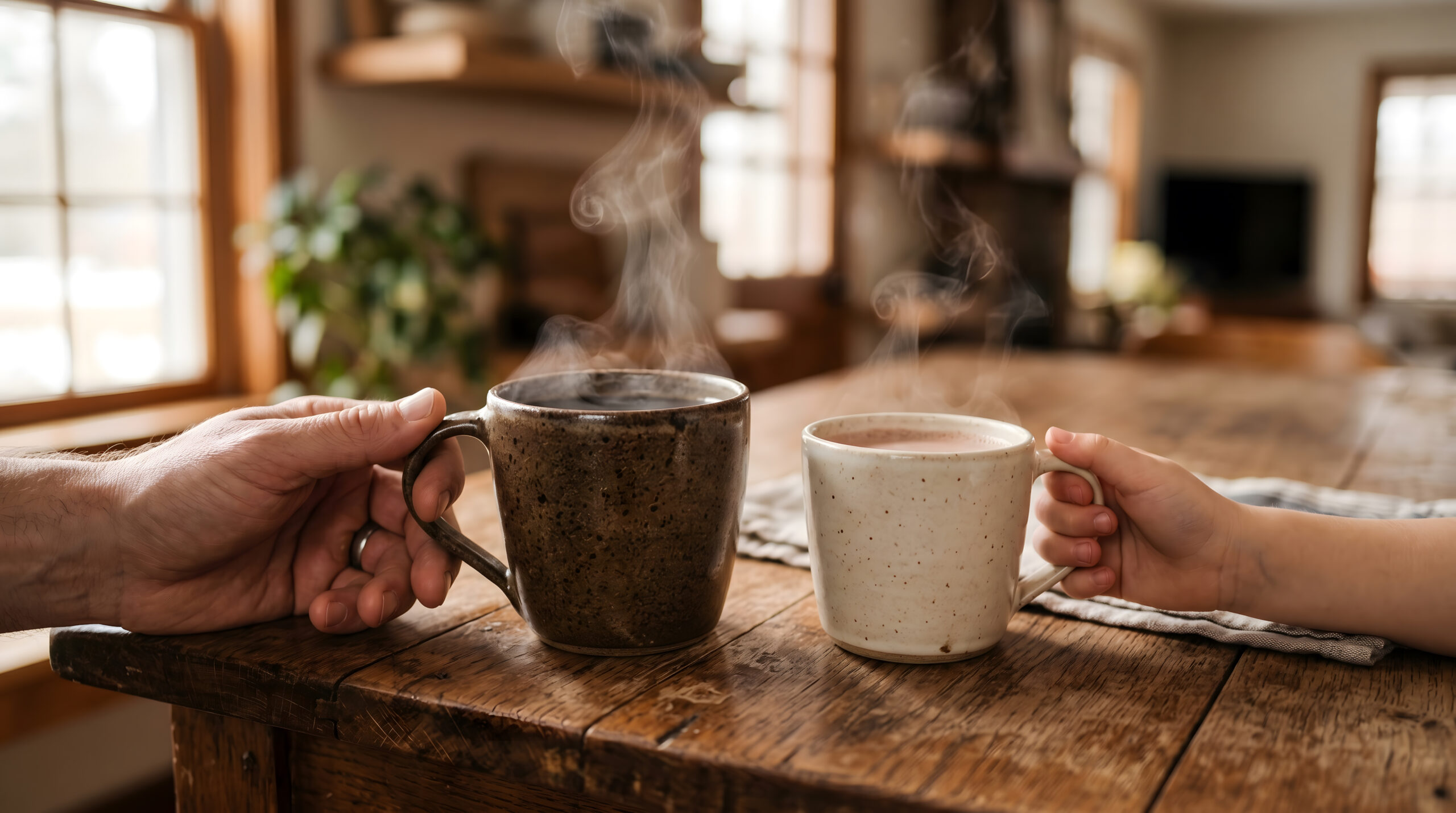 parent and child hands holding steaming mugs of warm drinks on rustic wooden table in a cozy home setting