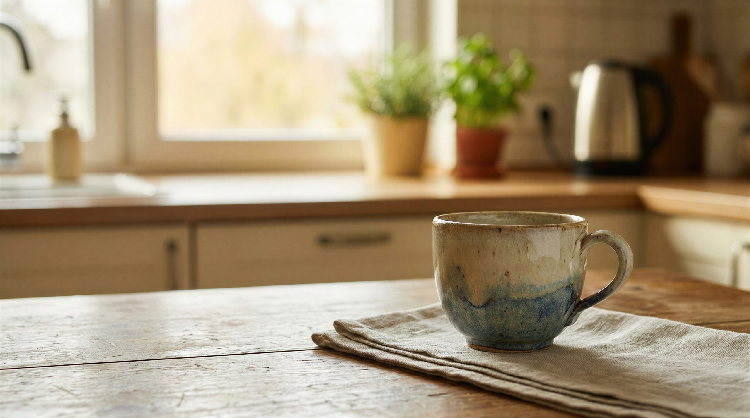 Home ceramic mug on wooden table in cozy kitchen. handmade rustic cup with hot drink for morning breakfast. home interior atmosphere with natural light. relaxing beverage time concept.